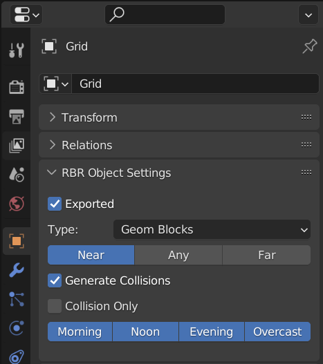 Grid object settings